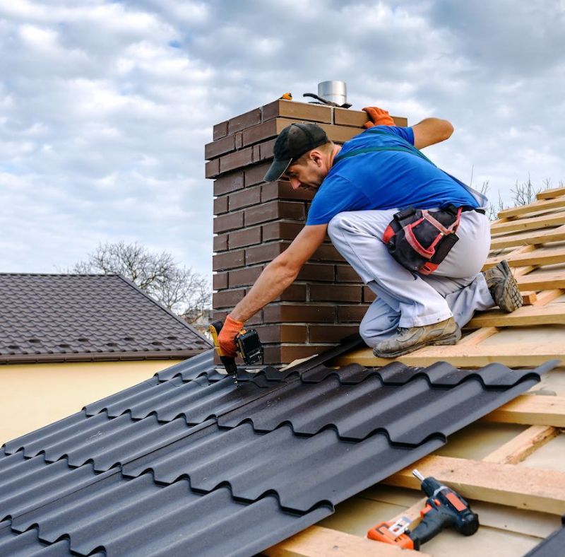 Entrepreneur en toiture sur le toit, avec un étau, installant la toiture inclinée